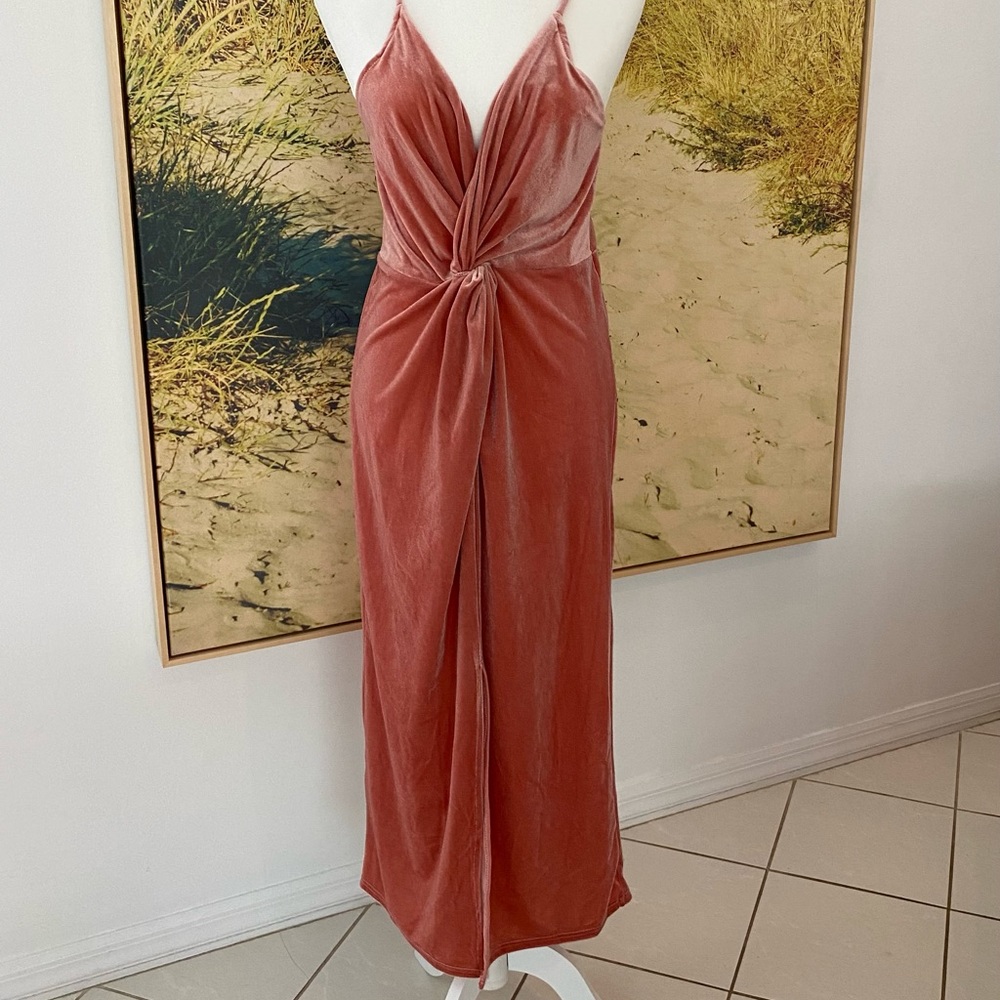 Rose Twist Front Velour Midi Strap Party Dress
